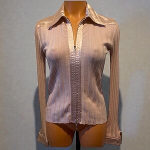 Cabi “The Executive” silk blend, pale, pink, full zip ribbed sweater. Large.